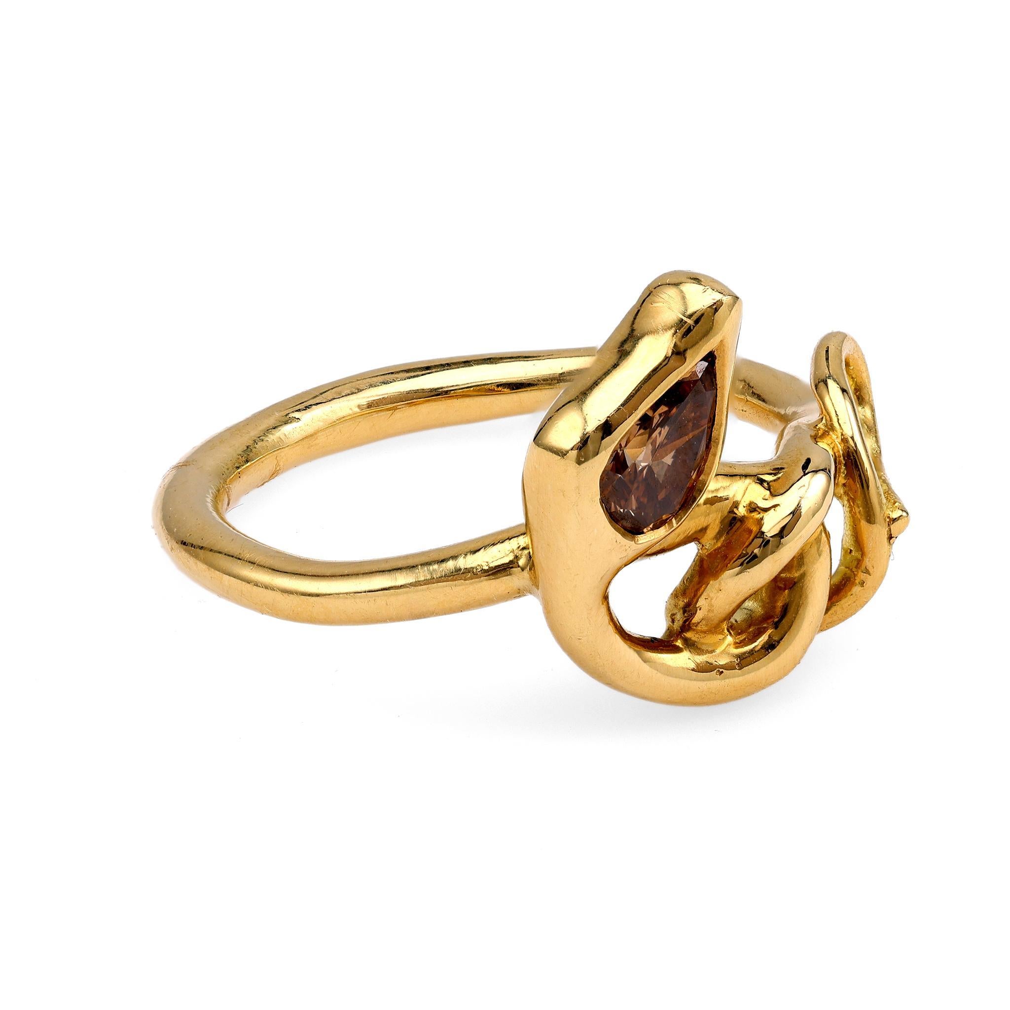 18k Yellow Gold Snake Ring with Champagne Diamond In Excellent Condition For Sale In Beverly Hills, CA