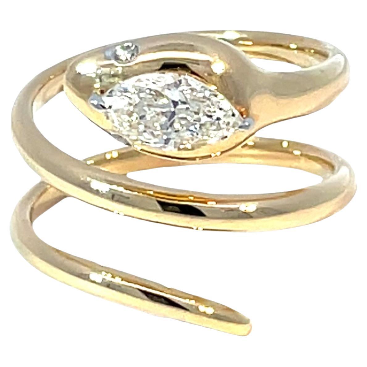18k Yellow Gold Snake Ring with Marquise Center 
Diamond Eyes