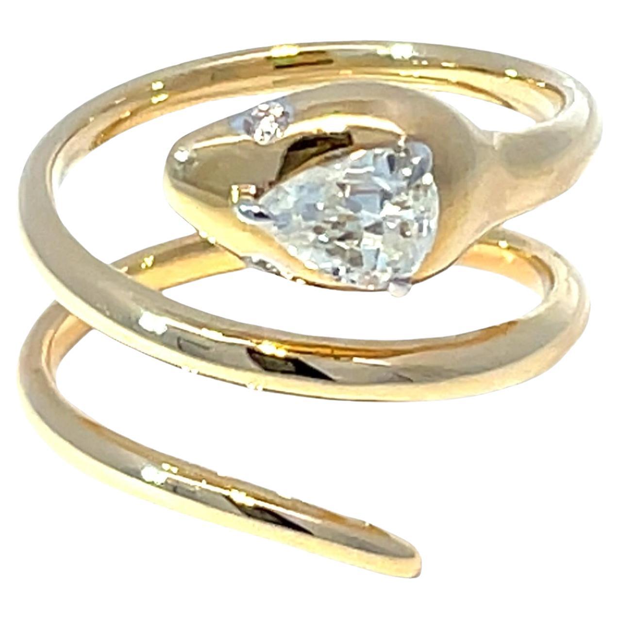 18k Yellow Gold Snake Ring with Pear Diamond In Swirl Crown Design