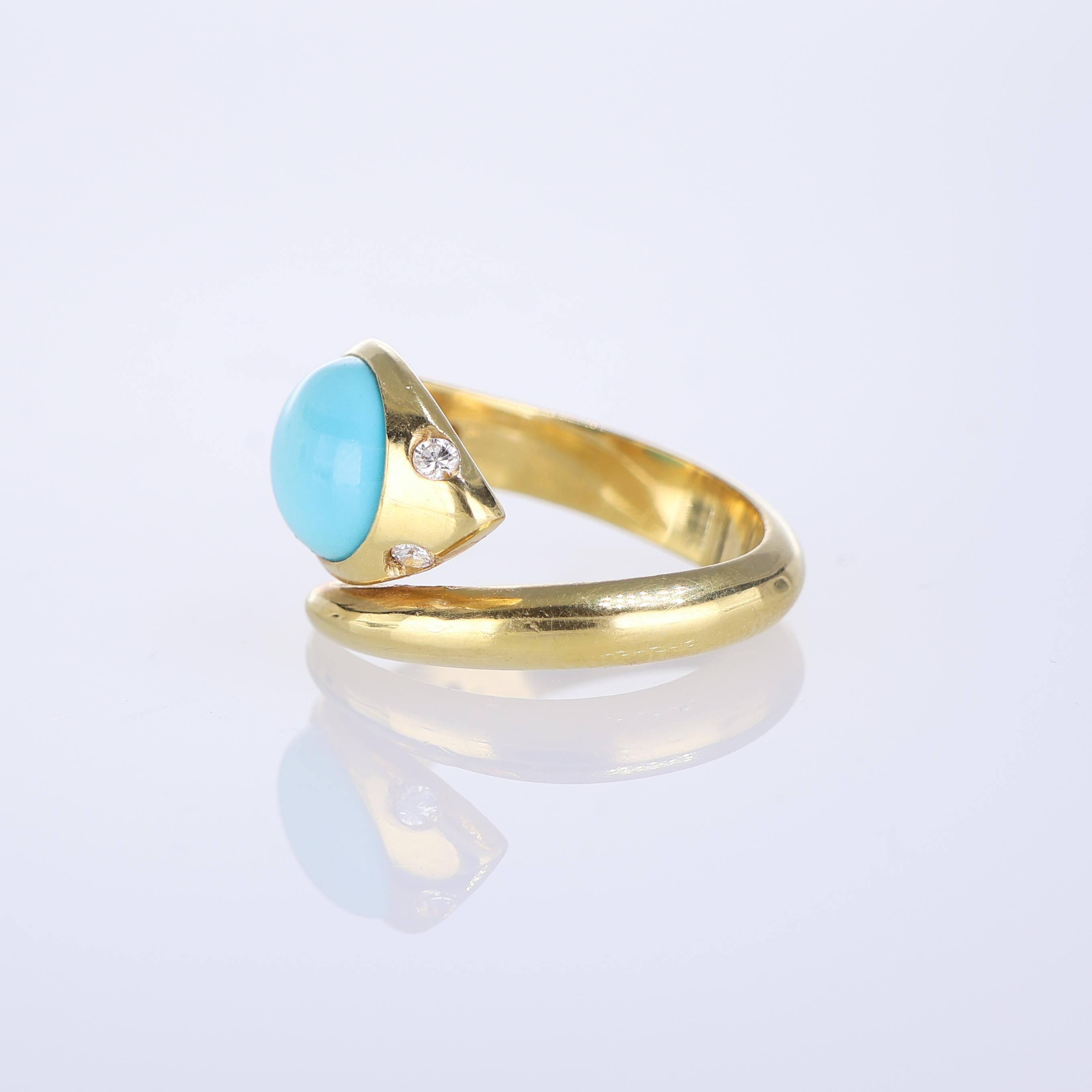 Women's or Men's 18K Yellow Gold Snake Ring with Turquoise and Diamonds For Sale