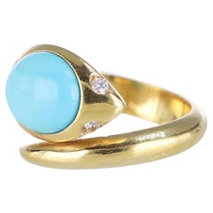 18K Yellow Gold Snake Ring with Turquoise and Diamonds