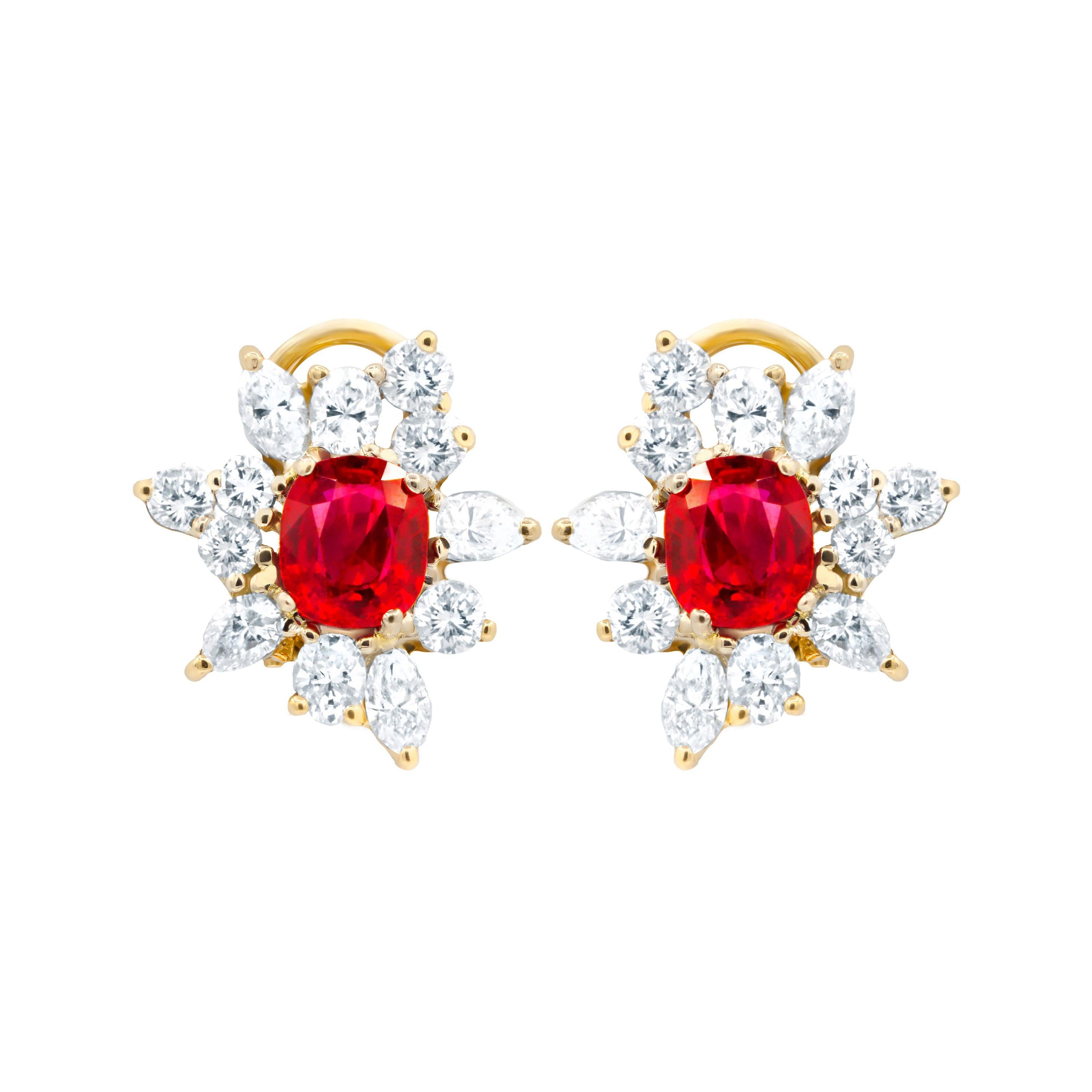 Diana M. 2.65 Carat Ruby and Diamond Snow Flake Earings in Yellow Gold For Sale