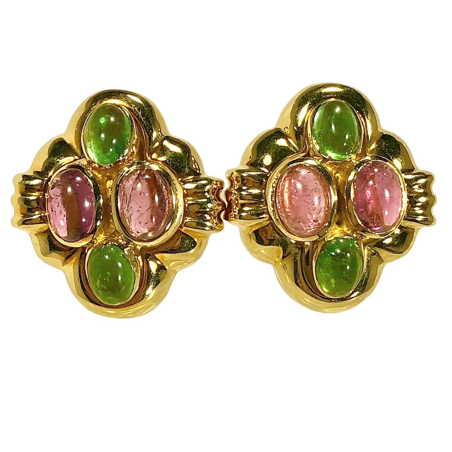 Made of 18K yellow gold, these delicately colored pink and green cabochon tourmaline earrings are ideal for spring or summer. The eight tourmalines weigh an approximate total of 5.50ct.  Measures 1 inch long by 7/8 inches wide. Equipped with fold