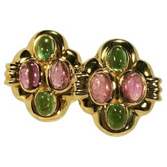 18K Yellow Gold Soft Pink and Green Tourmaline Cabochon Earrings