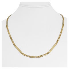 18k Yellow Gold Solid Figaro and Bar Link Chain Necklace, Italy