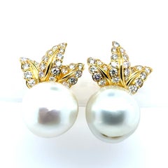 18k Yellow Gold South Sea Baroque Pearl Diamond Ear Clips