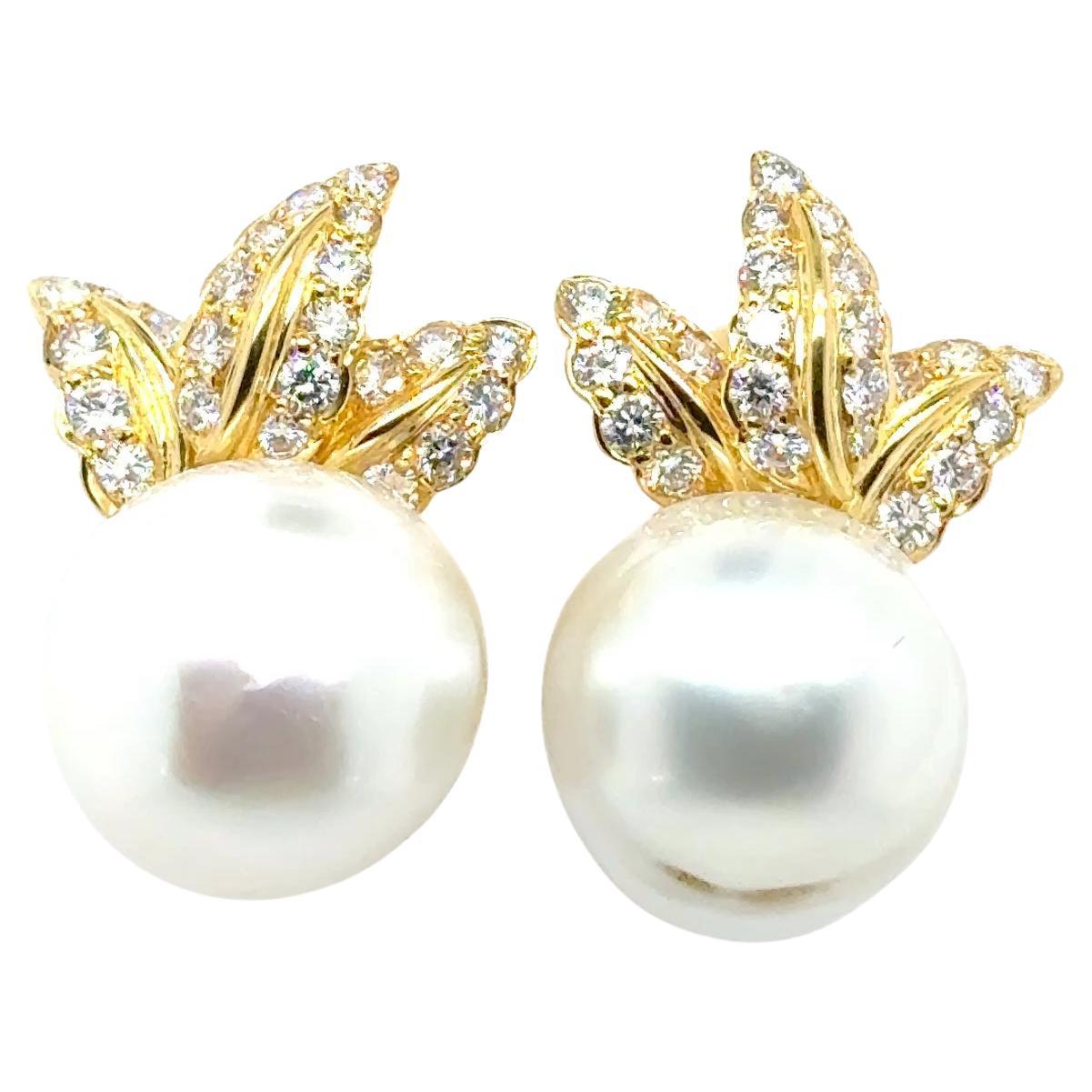18k Yellow Gold South Sea Baroque Pearl Diamond Ear Clips