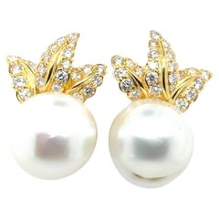 18k Yellow Gold South Sea Baroque Pearl Diamond Ear Clips