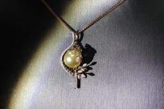 18K Yellow Gold South Sea Golden Pearl & Diamond Harp Pendant Necklace