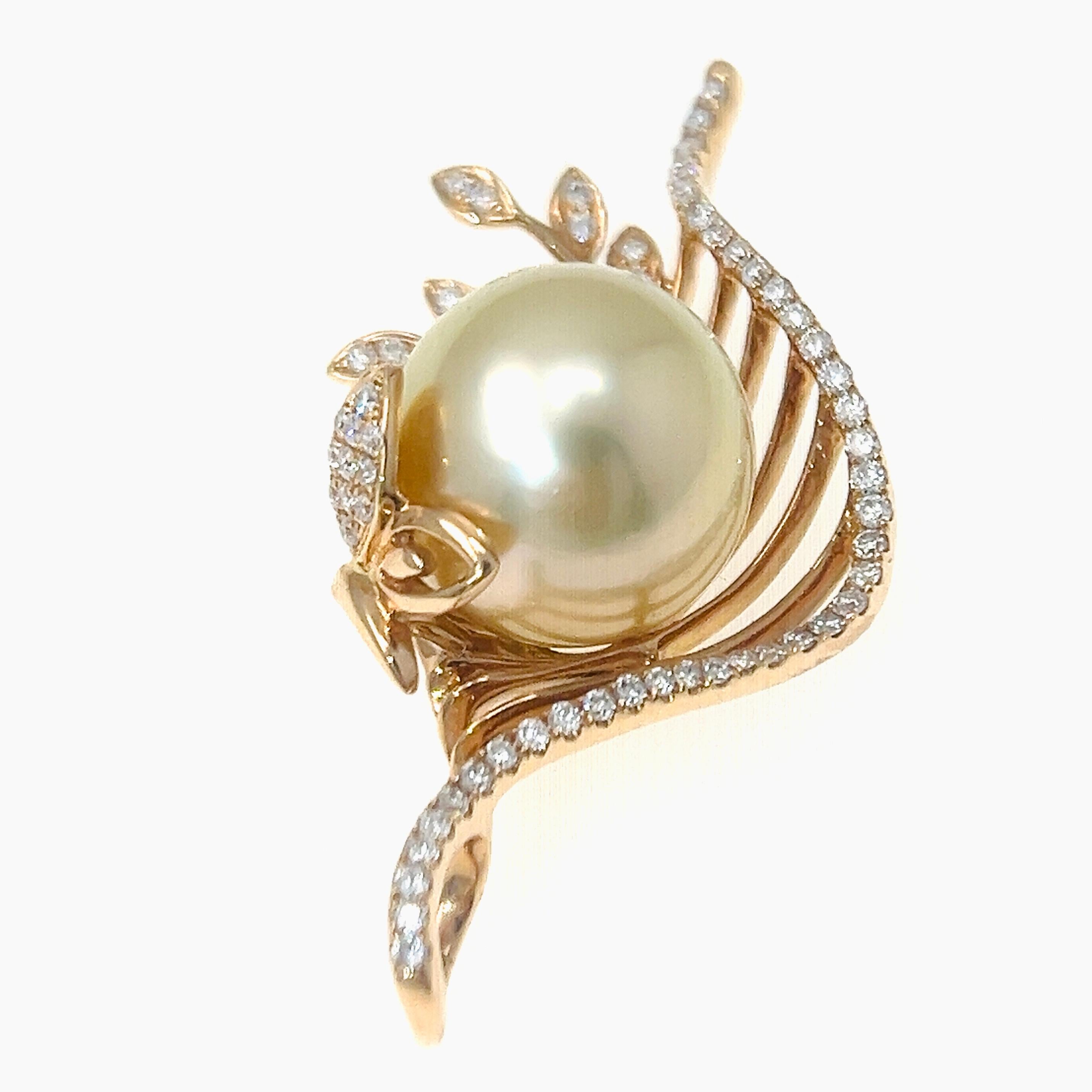 18K Yellow Gold South Sea Golden Pearl & Diamond Harp Pendant Necklace For Sale 3