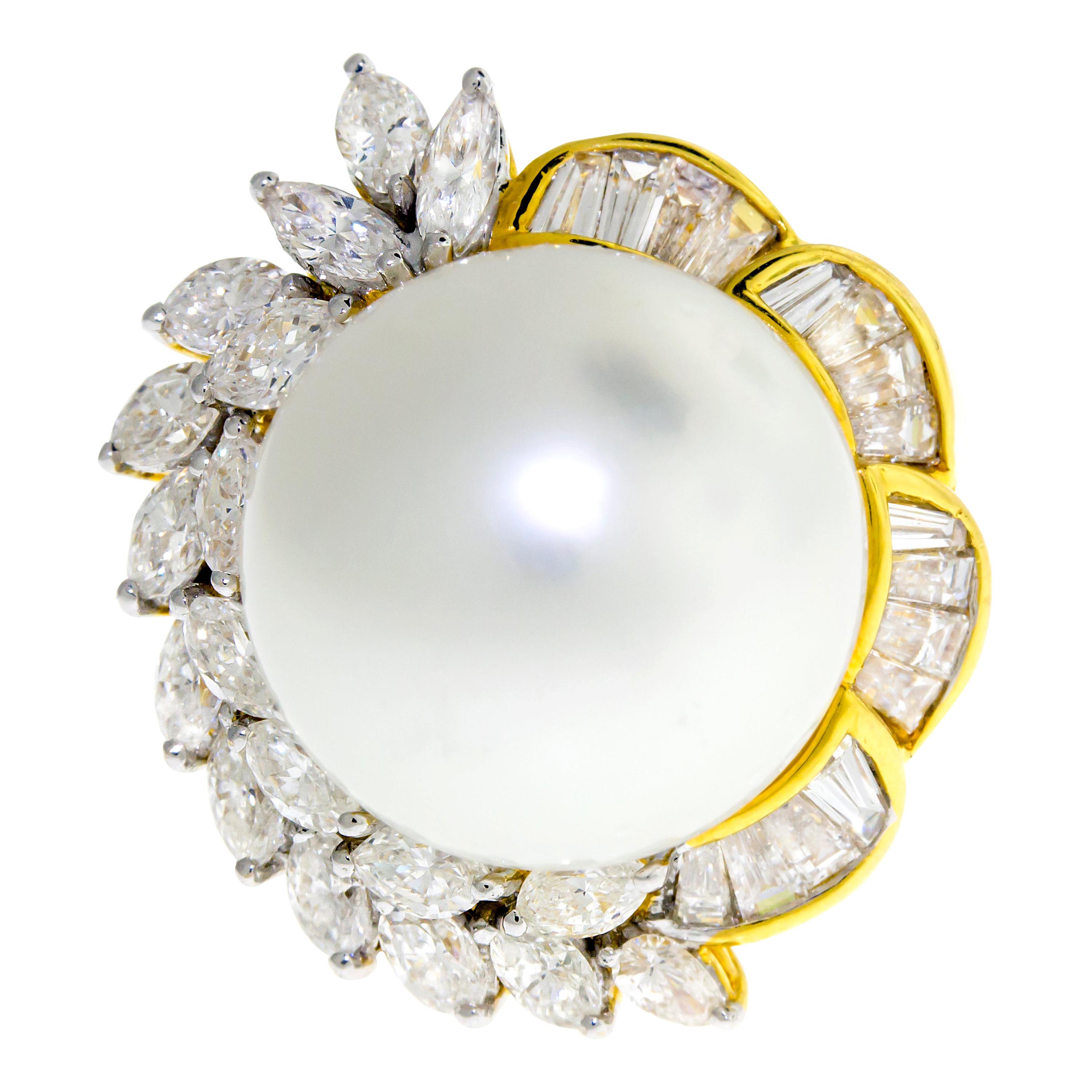 18 Karat Yellow Gold South Sea Pearl and Diamond Cocktail Ring