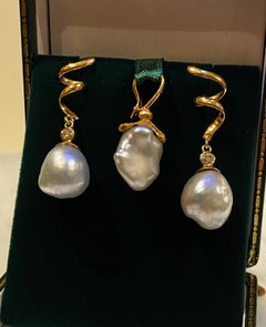 18K Yellow Gold, South Sea Pearl Bail Pendant and Pearl & Diamond Drop Earrings