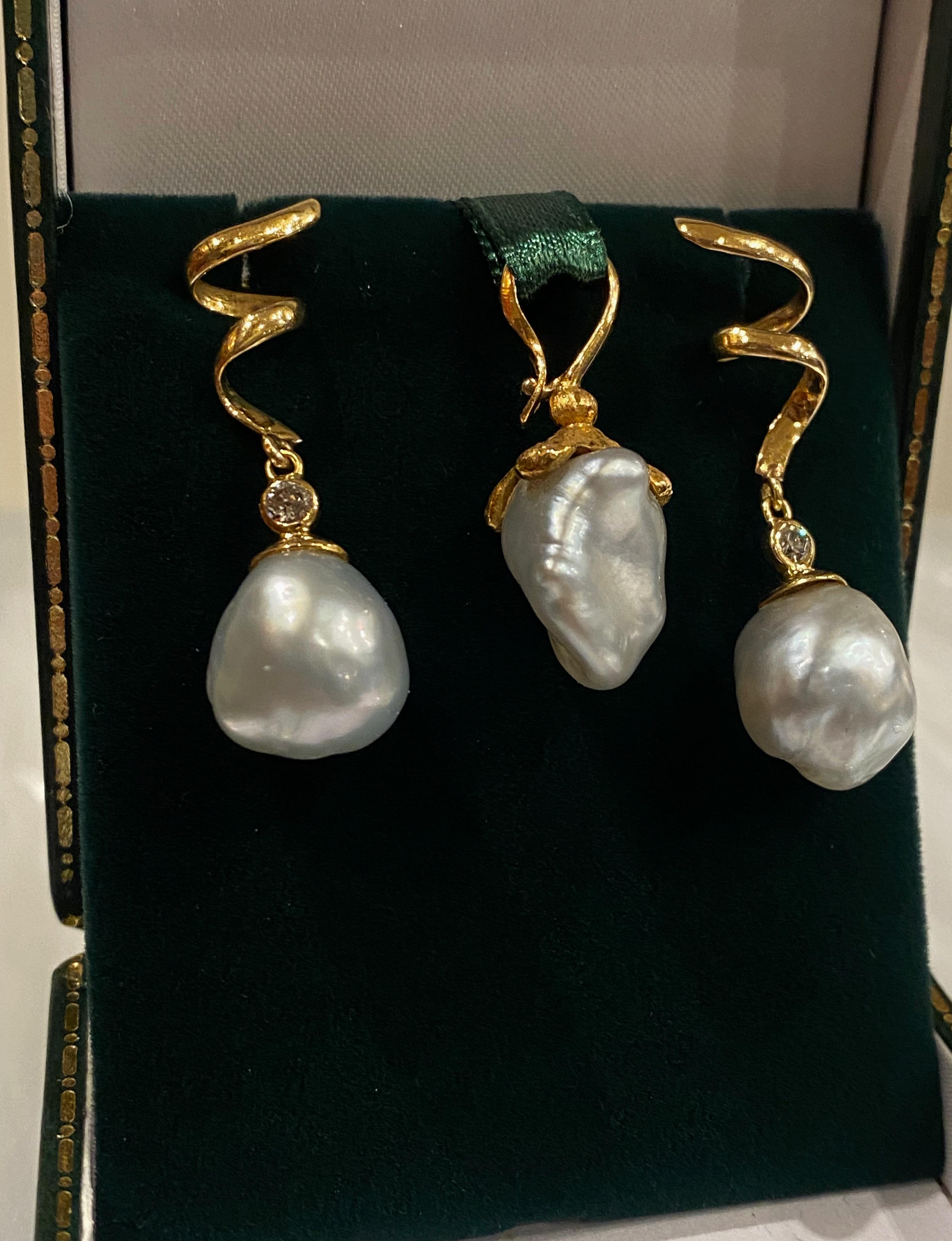 Brilliant Cut 18K Yellow Gold, South Sea Pearl Bail Pendant and Pearl & Diamond Drop Earrings For Sale