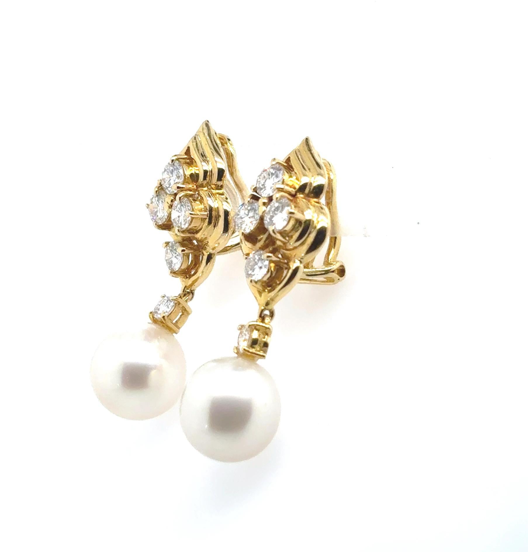 Boucles d'oreilles or jaune 18k perle des mers du sud diamant Cts 1.77 Pour femmes en vente