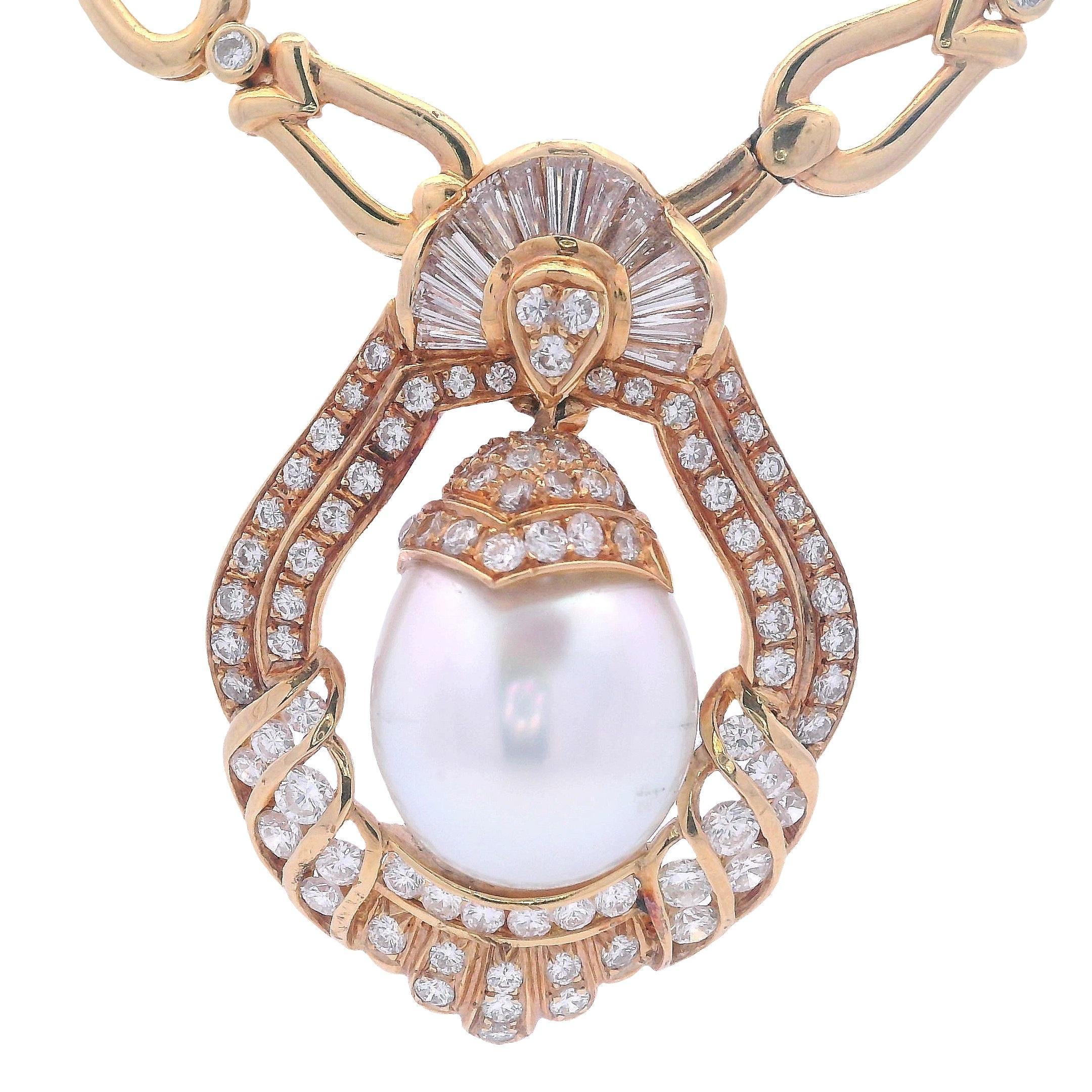 Collar de Perlas del Mar del Sur y Diamantes de Oro Amarillo de 18 K Corte baguette en venta