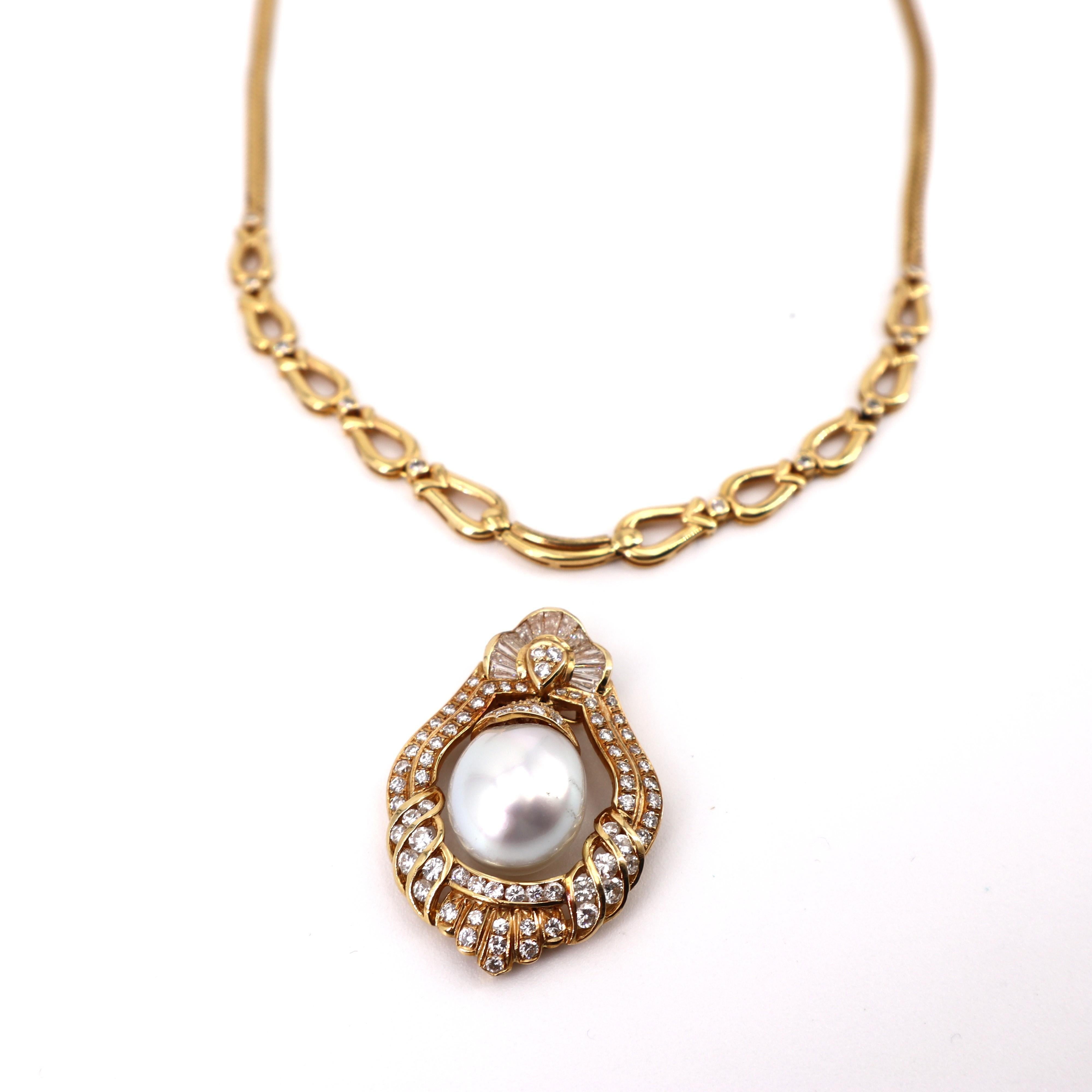 Collar de Perlas del Mar del Sur y Diamantes de Oro Amarillo de 18 K en Bueno estado para la venta en Aventura, FL