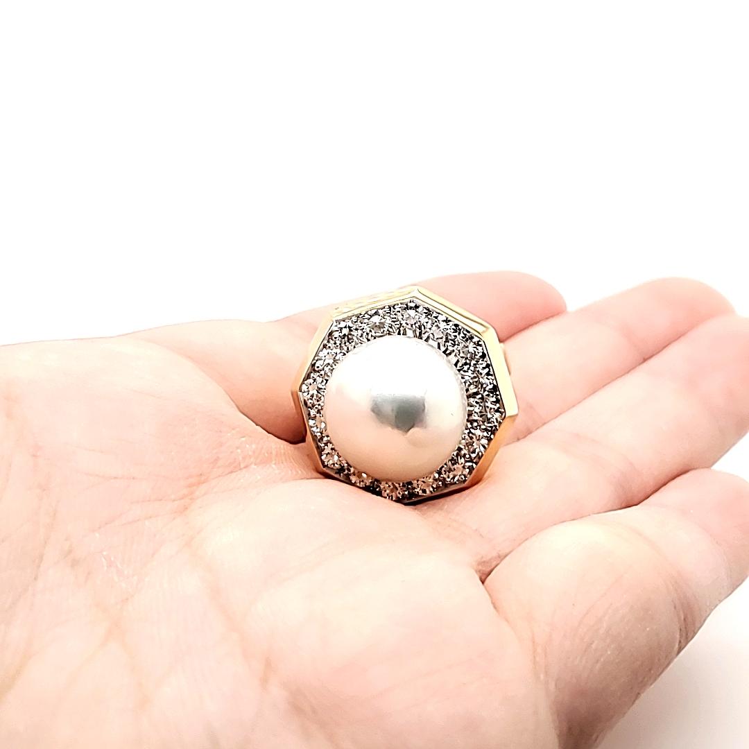 18k Yellow Gold South Sea Pearl Diamond Engagement Ring For Sale 1