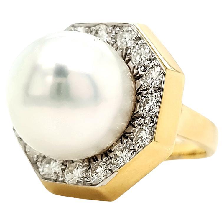 18k Yellow Gold South Sea Pearl Diamond Engagement Ring For Sale