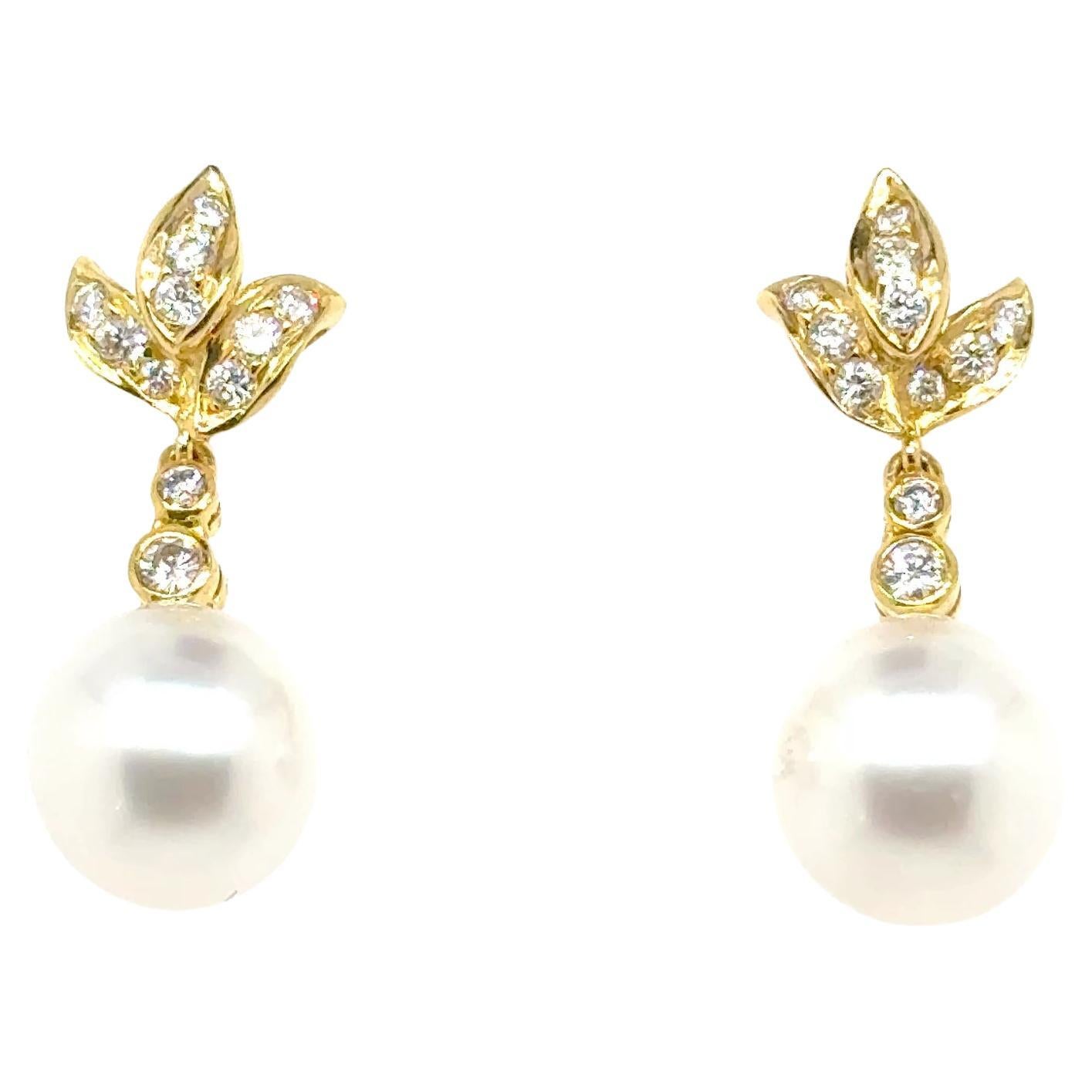 18k Yellow Gold South Sea Pearl Drop Diamond Earrings