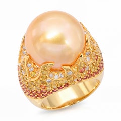 18k Yellow Gold South Sea Pearl Fancy Diamond and Sapphire Pave Flame Ring