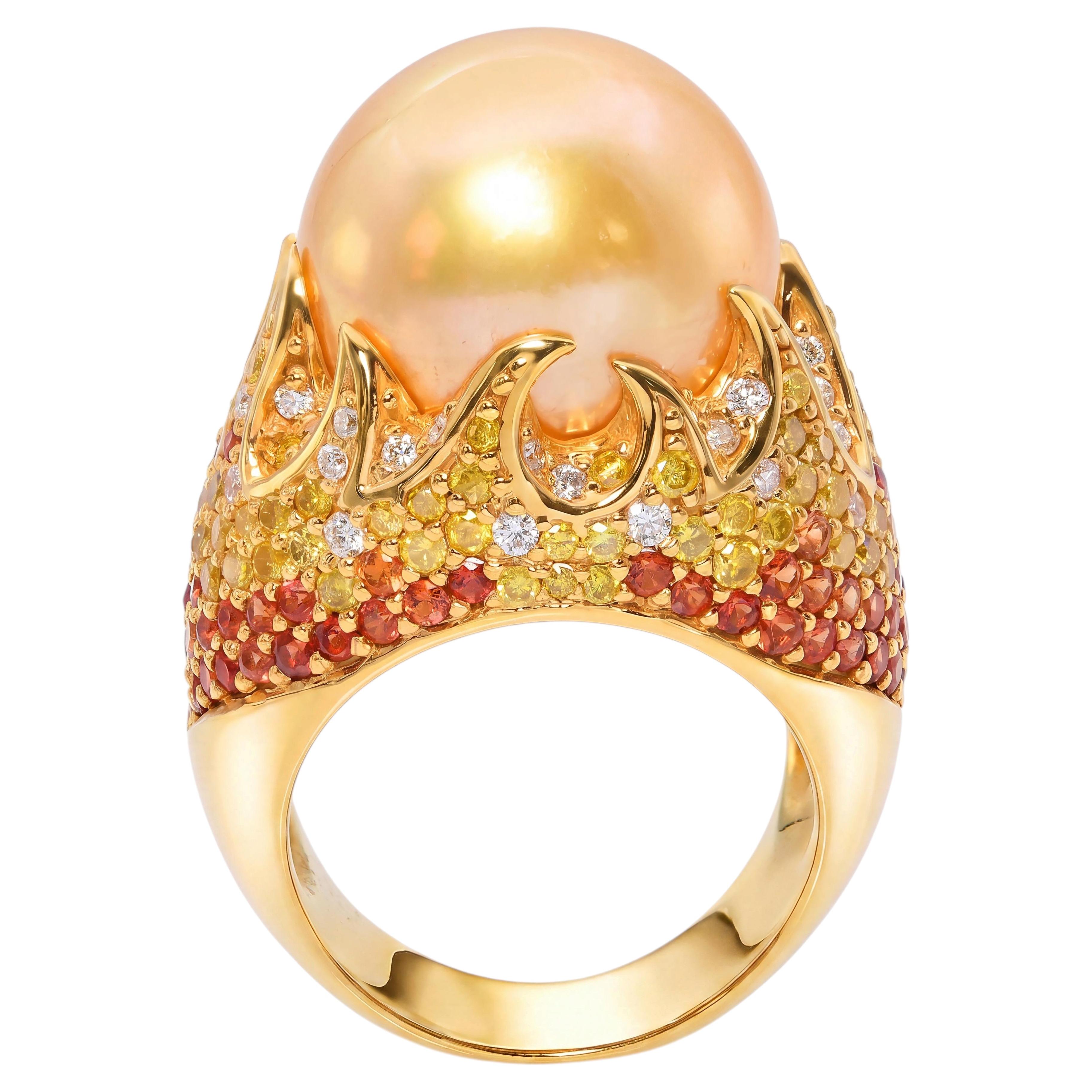 18k Yellow Gold South Sea Pearl Fancy Diamond and Sapphire Pave Flame Ring