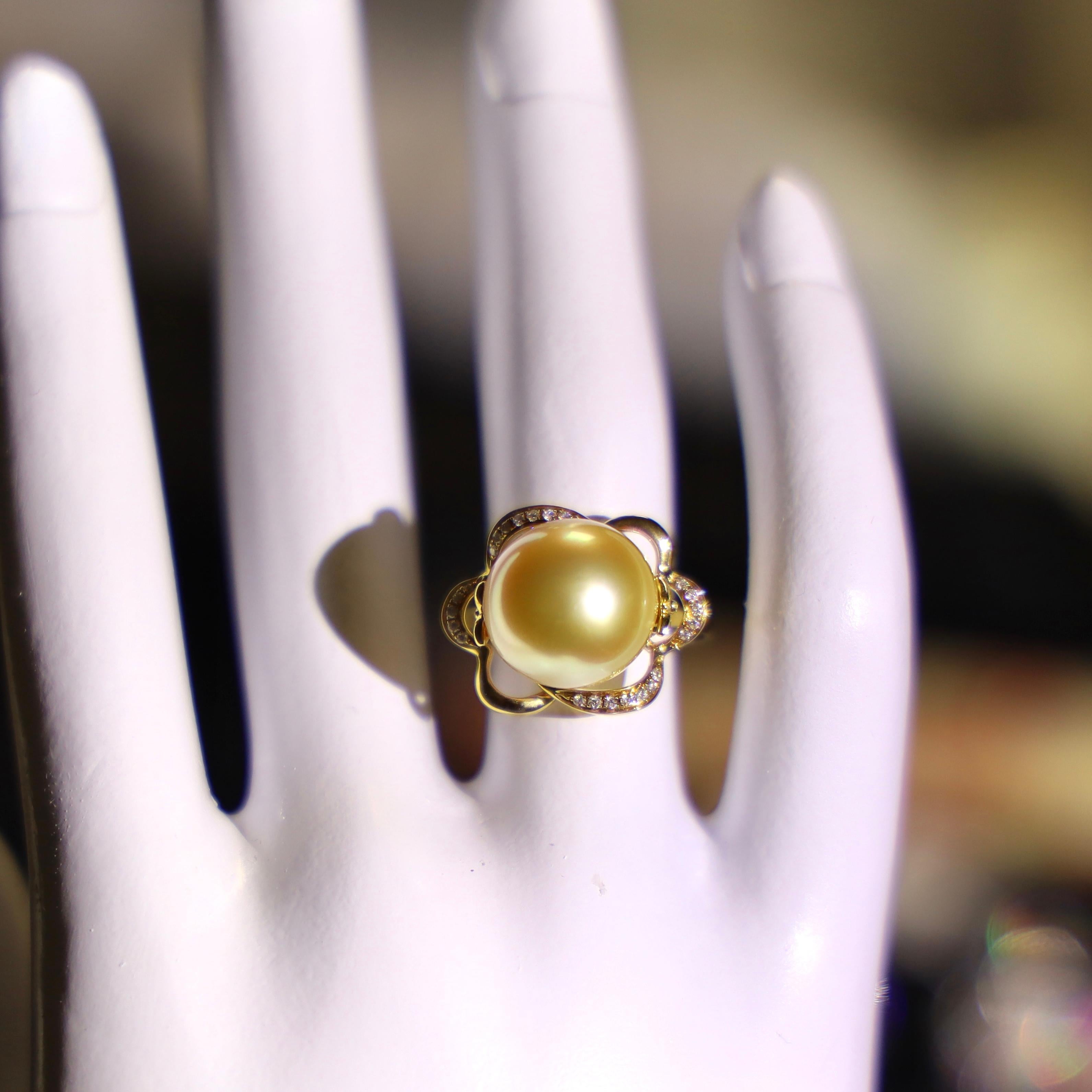 18K Yellow Gold South Sea Pearl Golden Pearl Ring with Diamonds For Sale 1