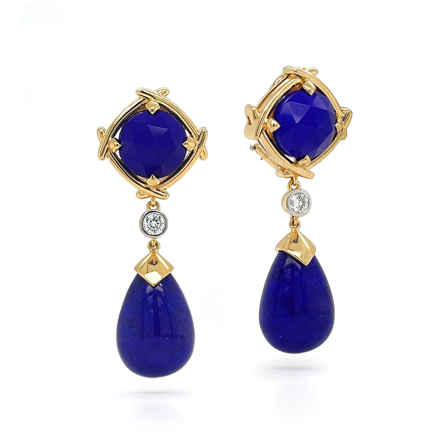 Taille mixte Boucles d'oreilles pendantes en or jaune 18 carats, Lapis et diamants de taille spéciale en vente
