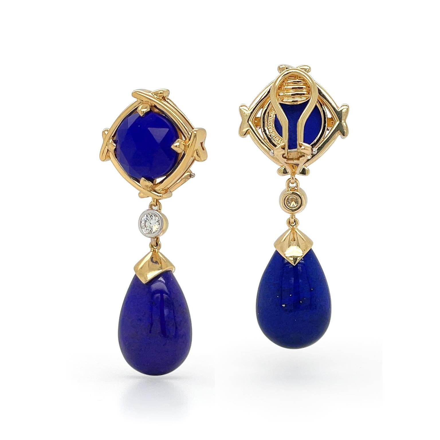 Boucles d'oreilles pendantes en or jaune 18 carats, Lapis et diamants de taille spéciale Neuf - En vente à New York, NY
