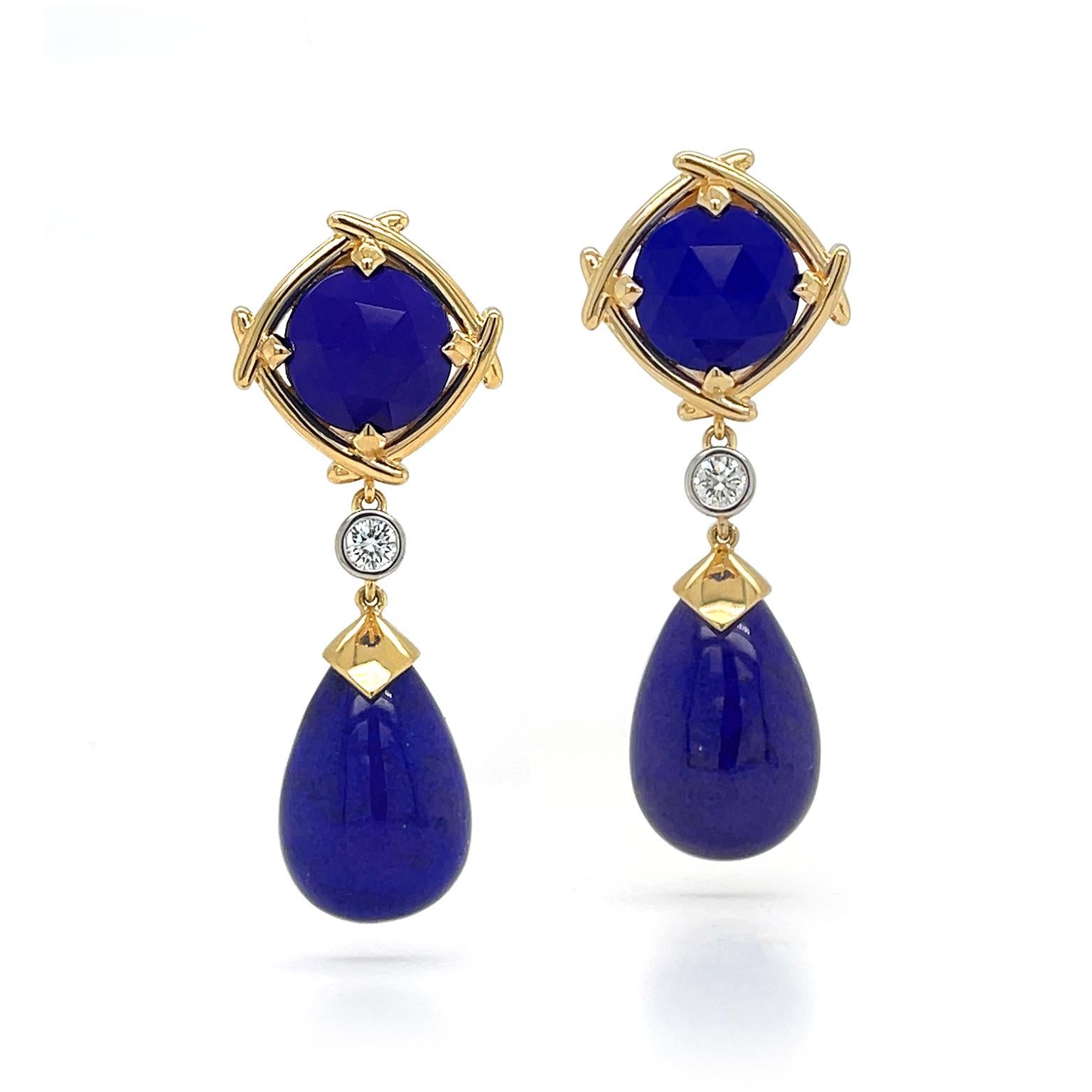 Boucles d'oreilles pendantes en or jaune 18 carats, Lapis et diamants de taille spéciale Pour femmes en vente