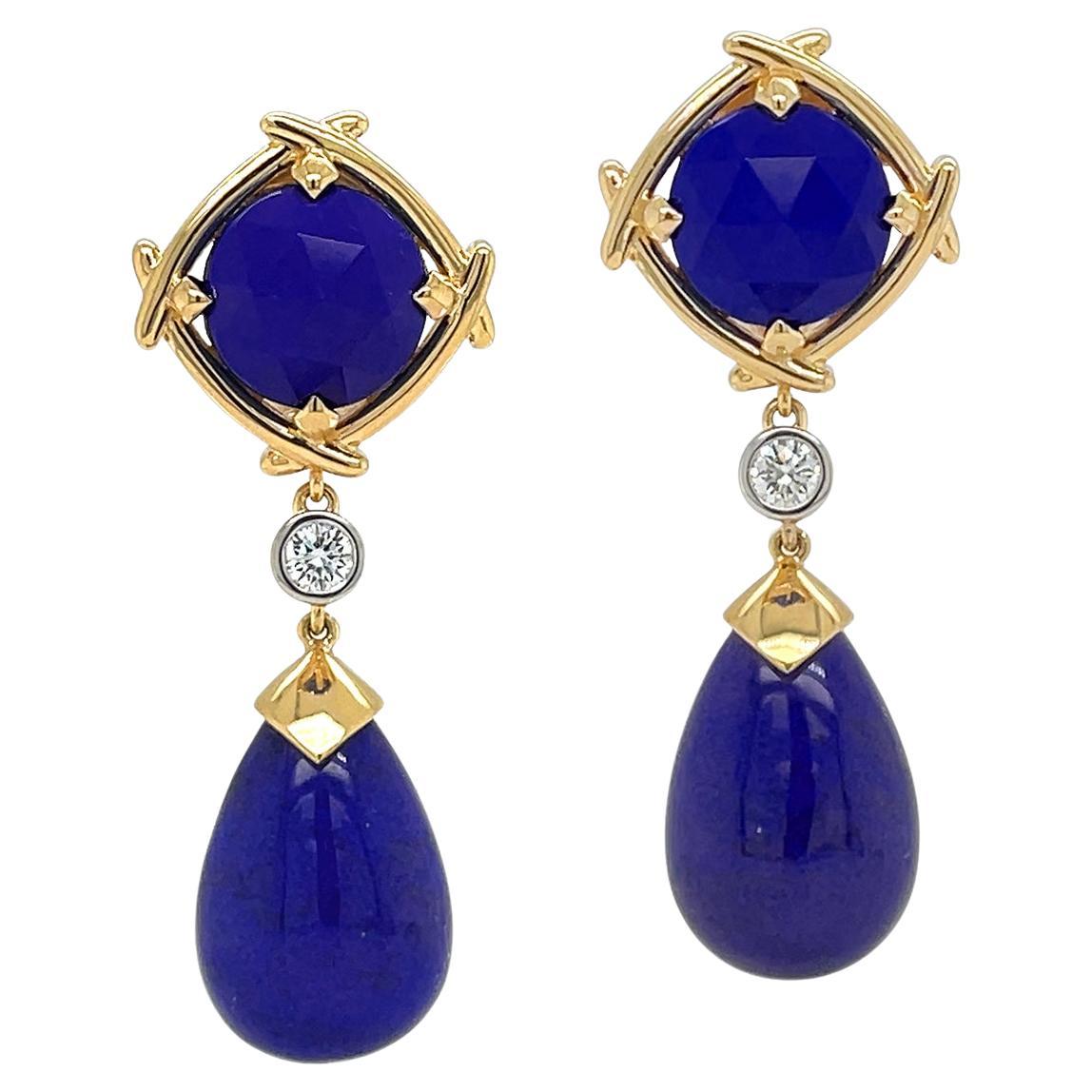 18K Yellow Gold Special Cut Lapis and Diamond Drop Earrings