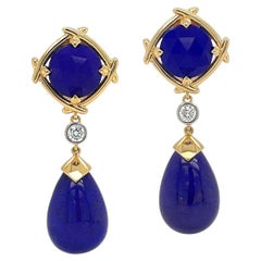 Pendientes de gota de oro amarillo de 18 quilates con lapislázuli de talla especial y diamantes
