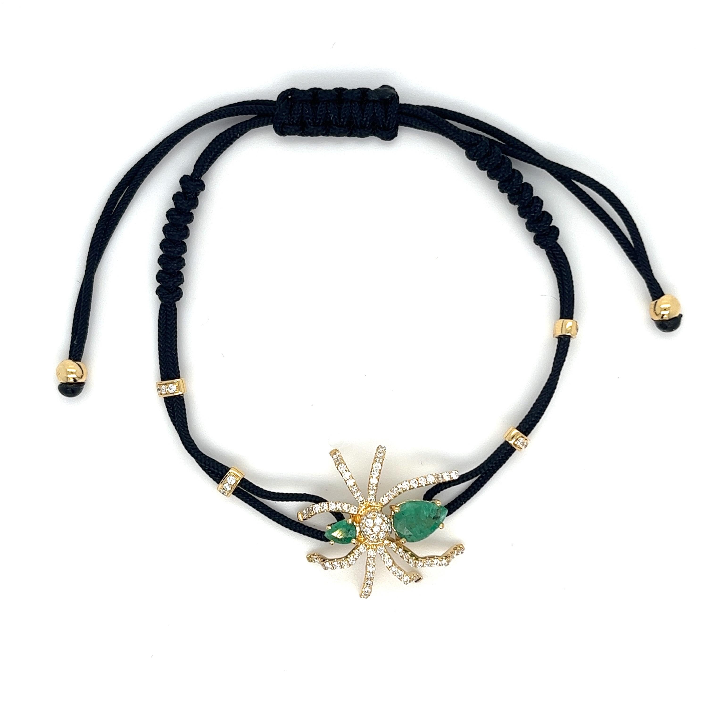 Modern 18K Yellow Gold Spider Woven Bracelet with Emeralds & Diamonds For Sale
