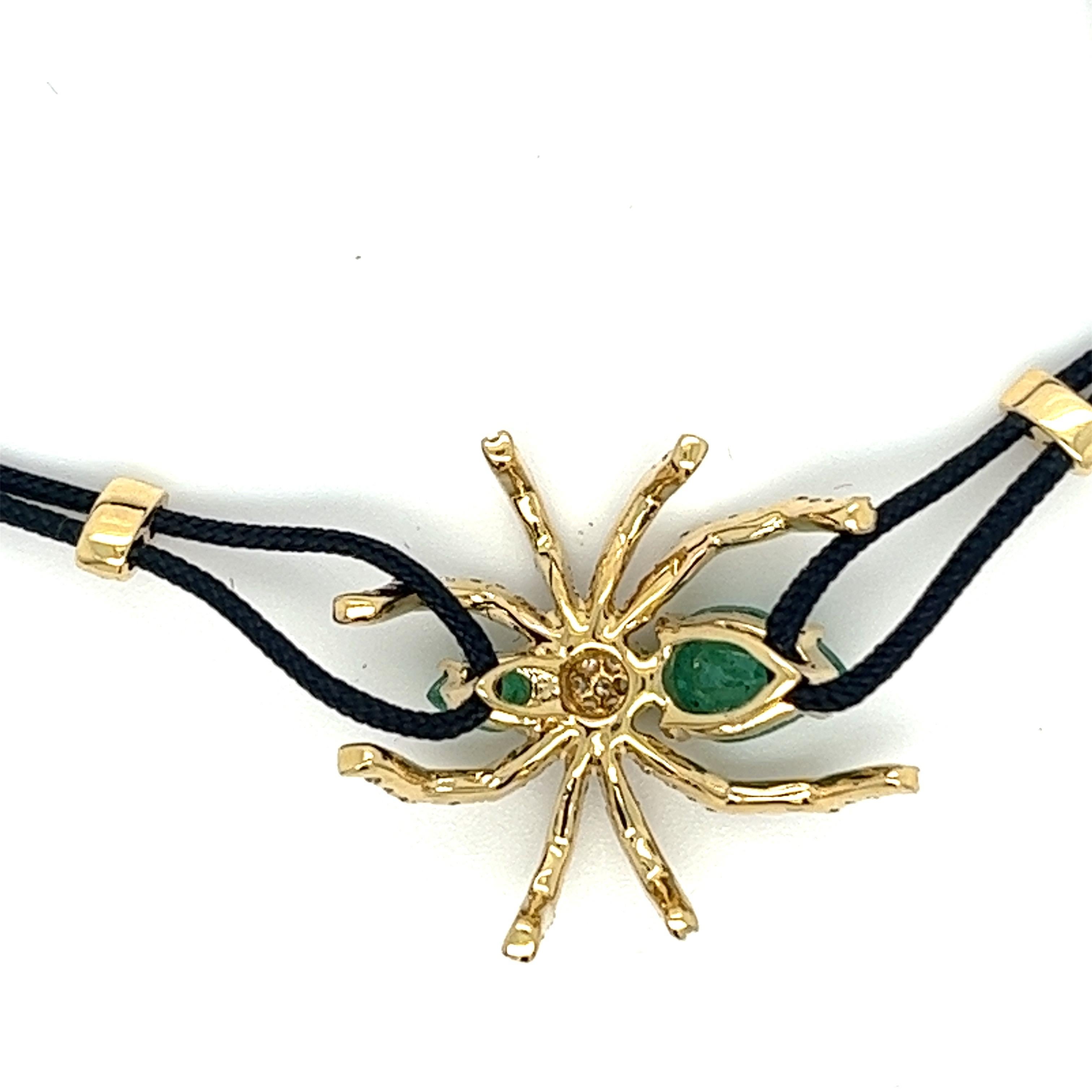 Pear Cut 18K Yellow Gold Spider Woven Bracelet with Emeralds & Diamonds For Sale