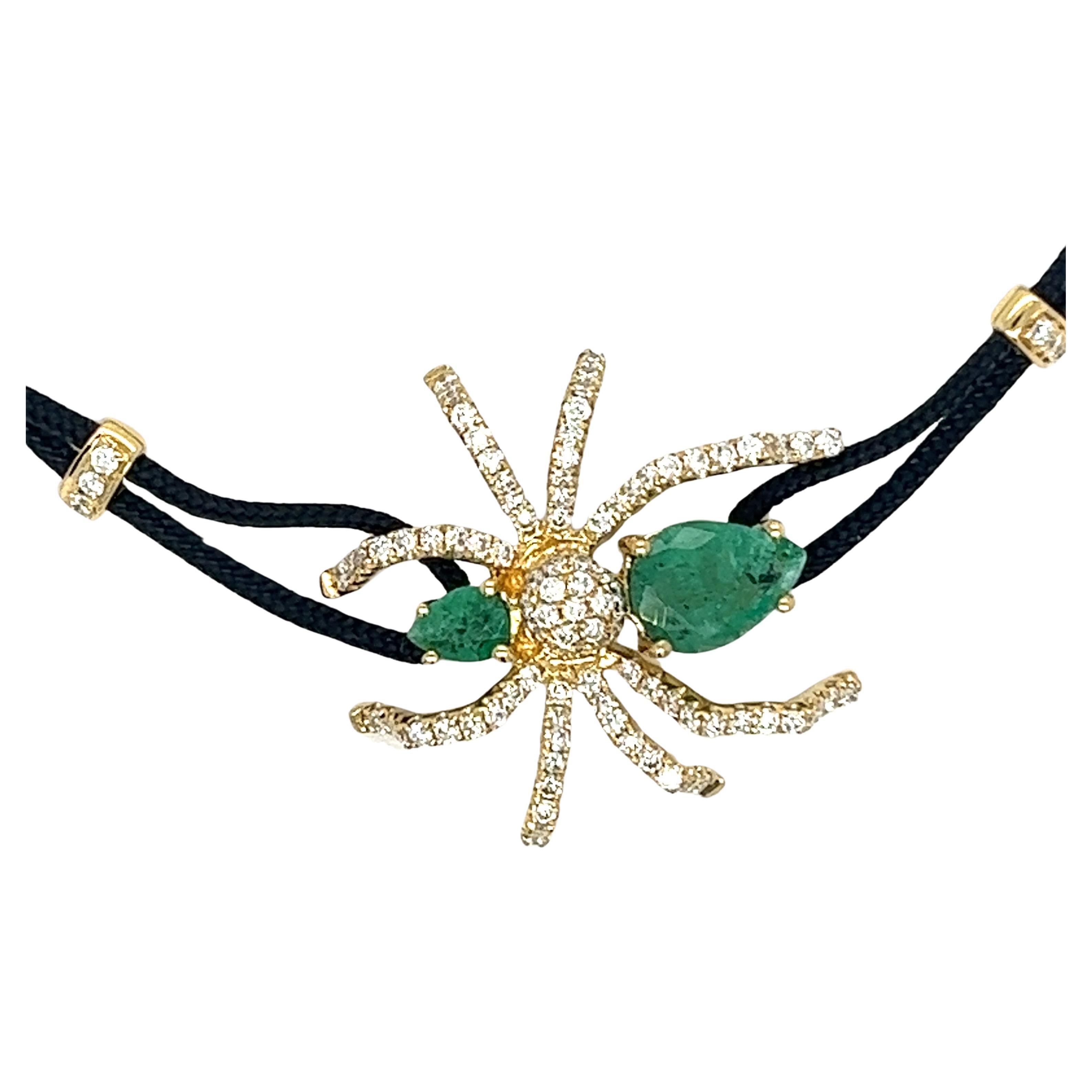 18K Yellow Gold Spider Woven Bracelet with Emeralds & Diamonds For Sale