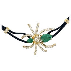 18K Yellow Gold Spider Woven Bracelet with Emeralds & Diamonds