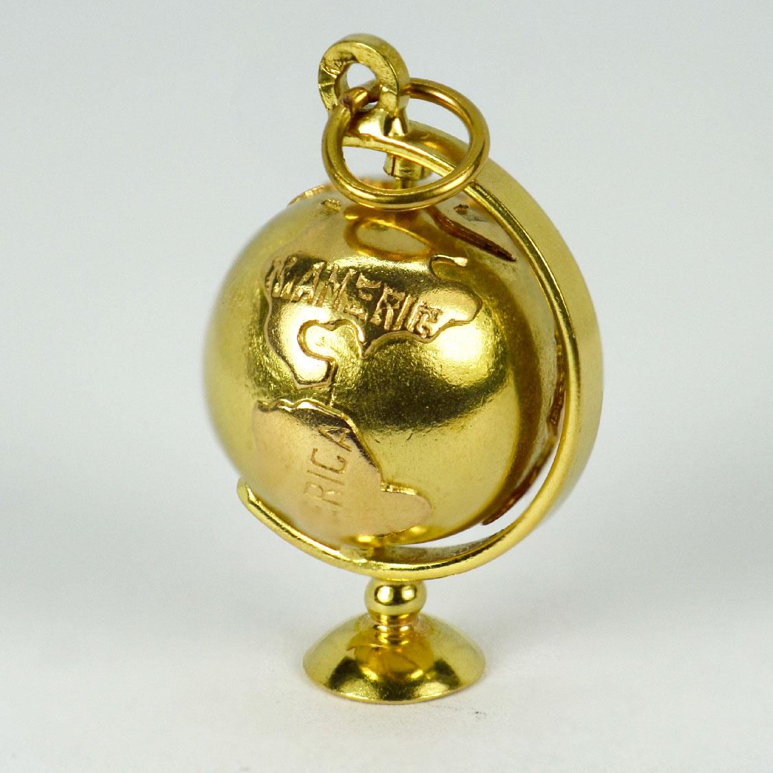 18K Yellow Gold Spinning Globe Charm Pendant For Sale 3