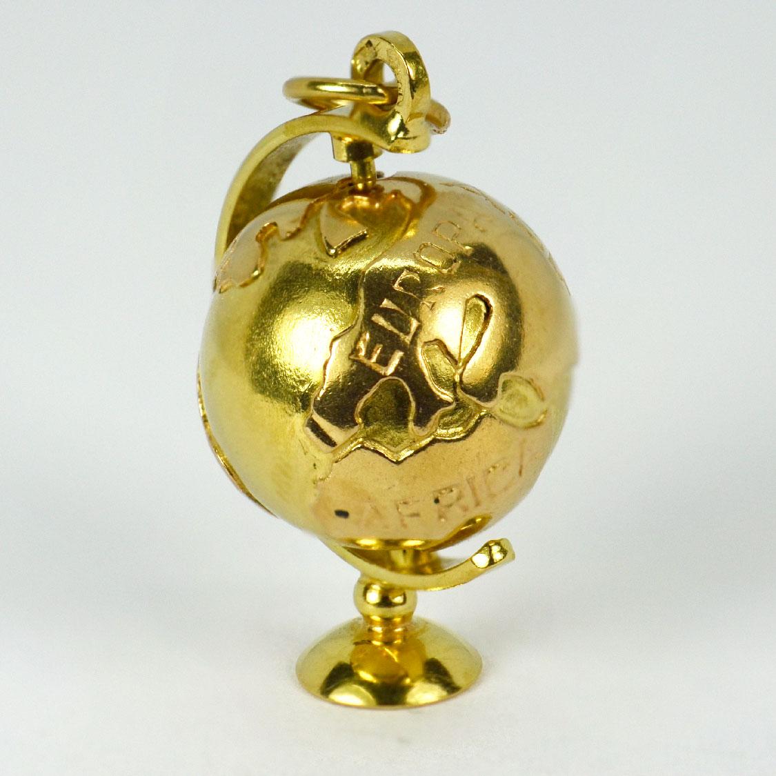 18K Yellow Gold Spinning Globe Charm Pendant For Sale 4