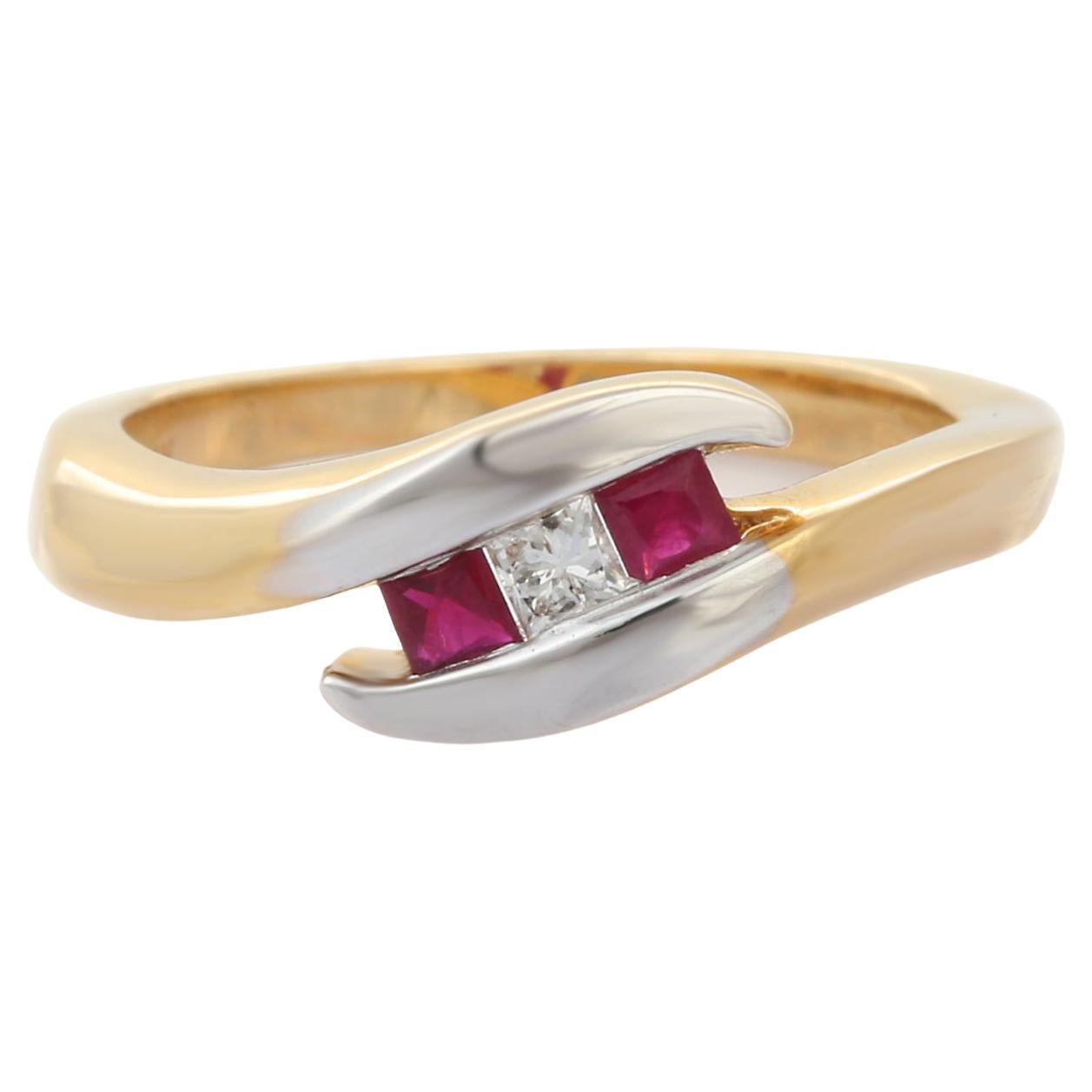 For Sale:  18K Yellow Gold Square Cut Ruby Sea Wave Ring with Diamonds