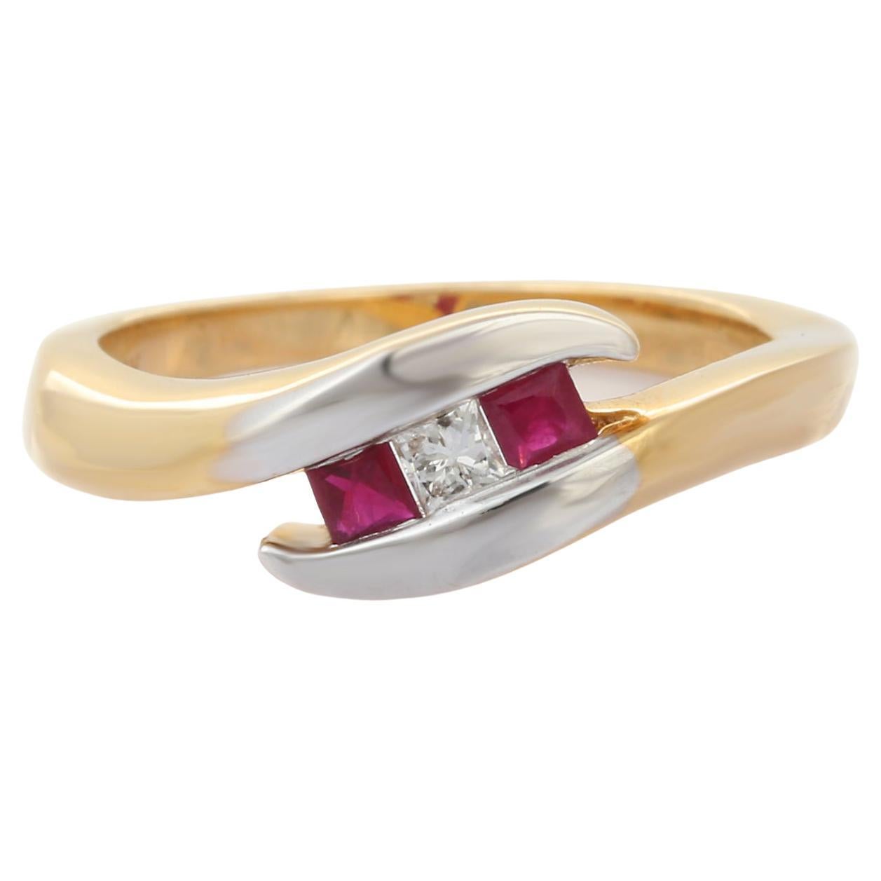 18K Yellow Gold Square Cut Ruby Sea Wave Ring with Diamonds