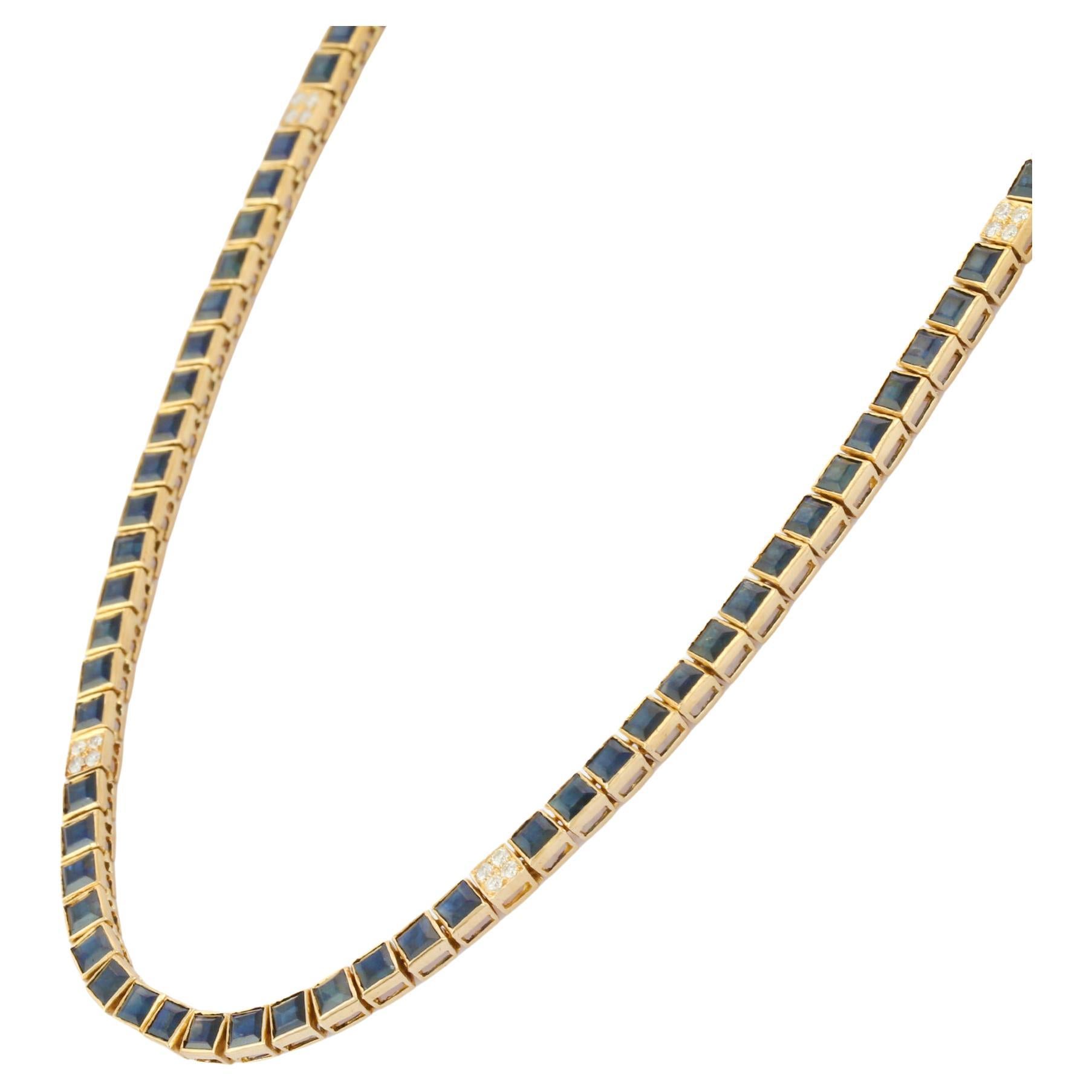 18K Yellow Gold Square Shaped Blue Sapphire and Diamond Necklace