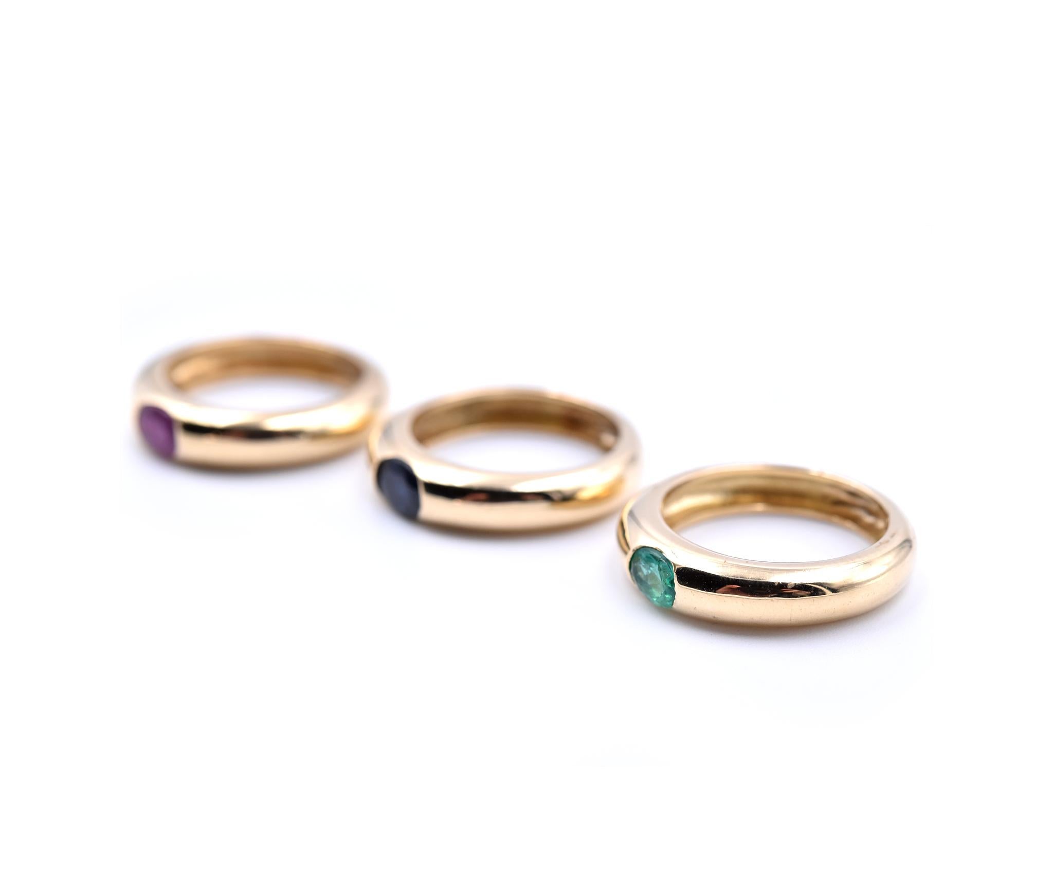 18 Karat Yellow Gold Stackable Emerald, Ruby, and Sapphire Band Set In Excellent Condition In Scottsdale, AZ