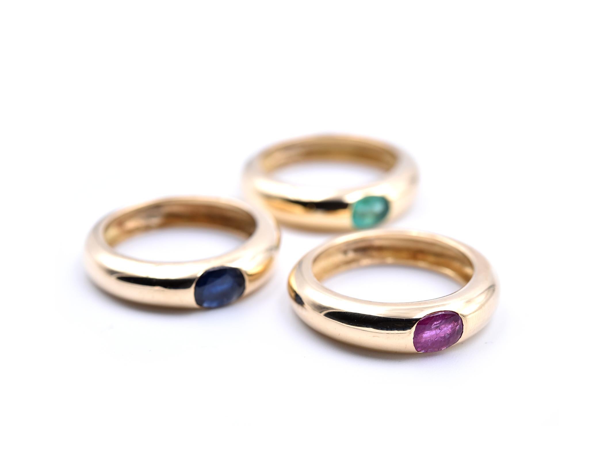 Women's 18 Karat Yellow Gold Stackable Emerald, Ruby, and Sapphire Band Set