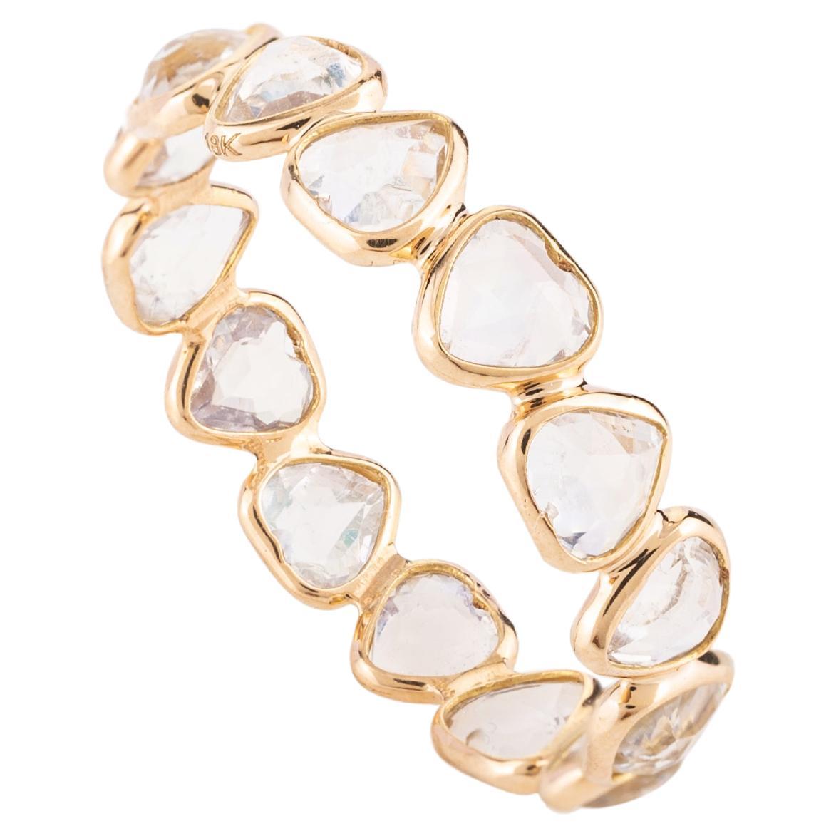 For Sale:  18k Yellow Gold Stackable Heart Cut Rainbow Moonstone Eternity Band Ring