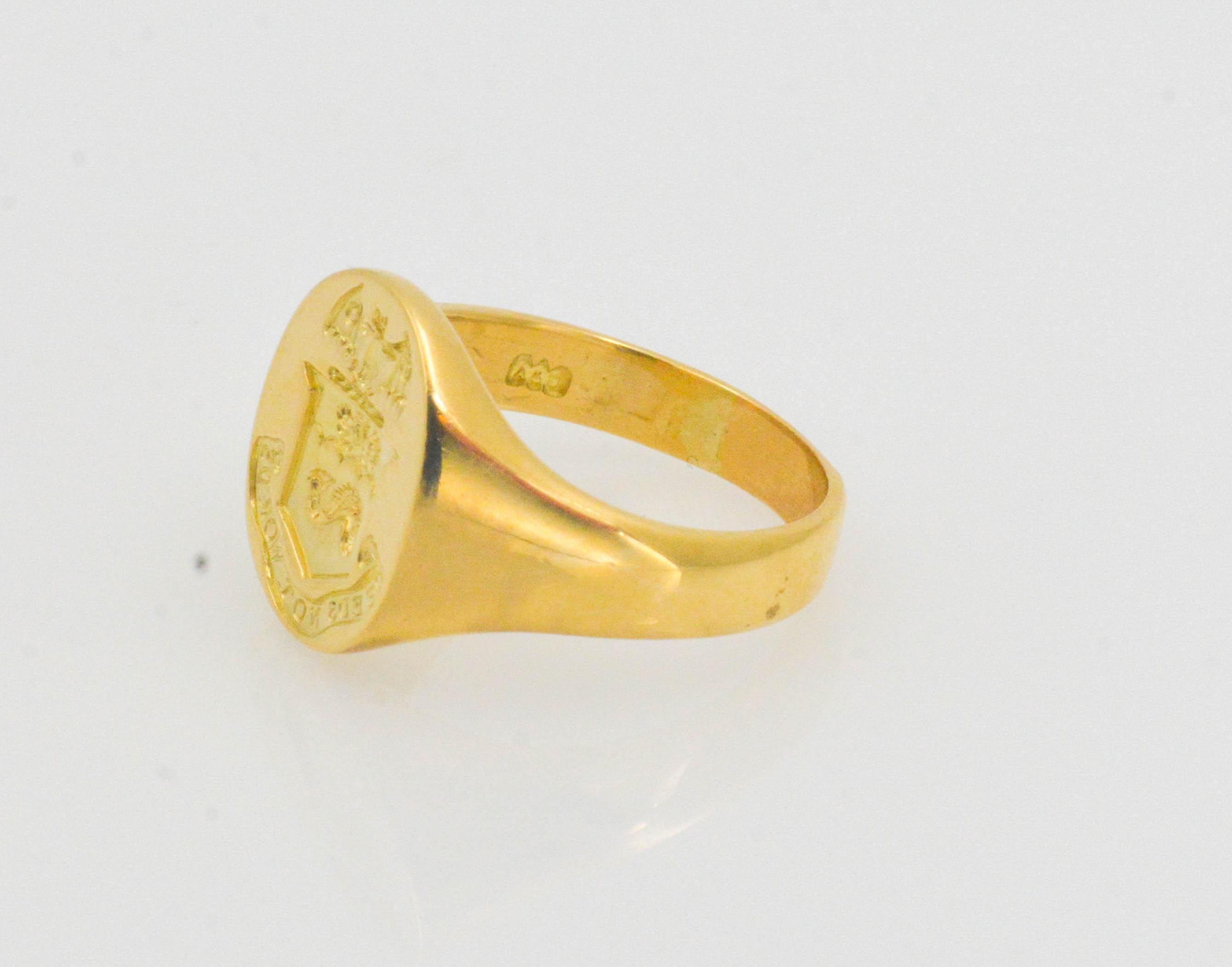 Modern 18 Karat Yellow Gold Stamped English Crest 'Words Not Deeds' Signet Ring