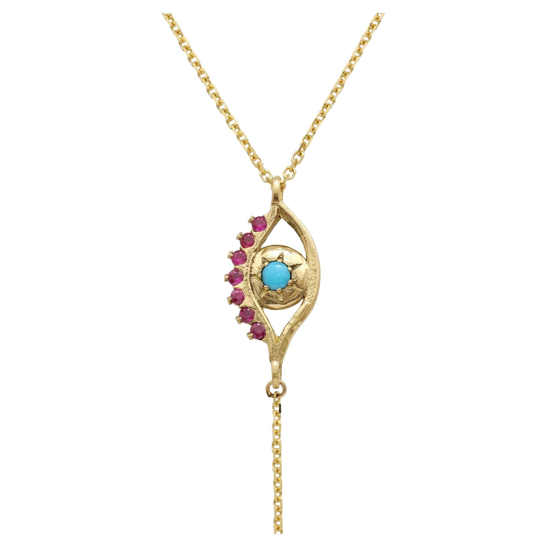 18k Yellow Gold Star Evil Eye Lariat with Turquoise Center and Ruby Lashes For Sale