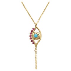 18k Yellow Gold Star Evil Eye Lariat with Turquoise Center and Ruby Lashes