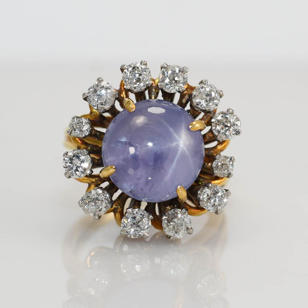 18 Karat Gelbgold Ring mit Sternsaphir und Diamant 10,8 g im Zustand „Hervorragend“ in Laguna Beach, CA