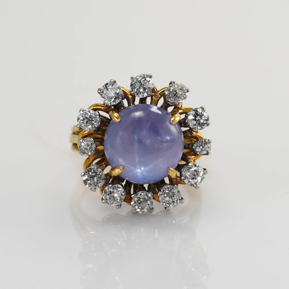 18 Karat Gelbgold Ring mit Sternsaphir und Diamant 10,8 g für Damen oder Herren