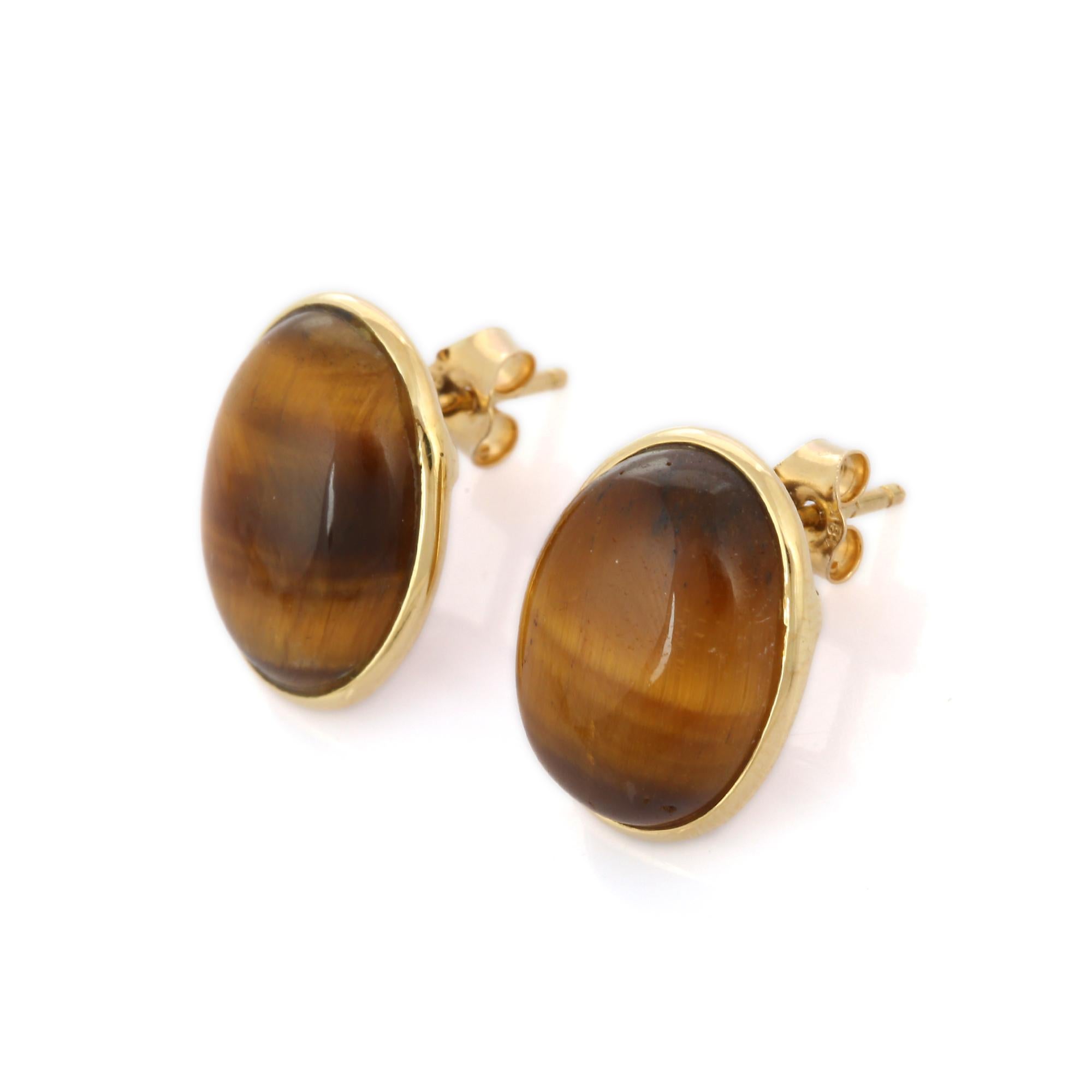 Oval Cut 18k Yellow Gold Statement 20.5 Ct Cabochon Cut Tiger's Eye Dome Stud Earrings For Sale