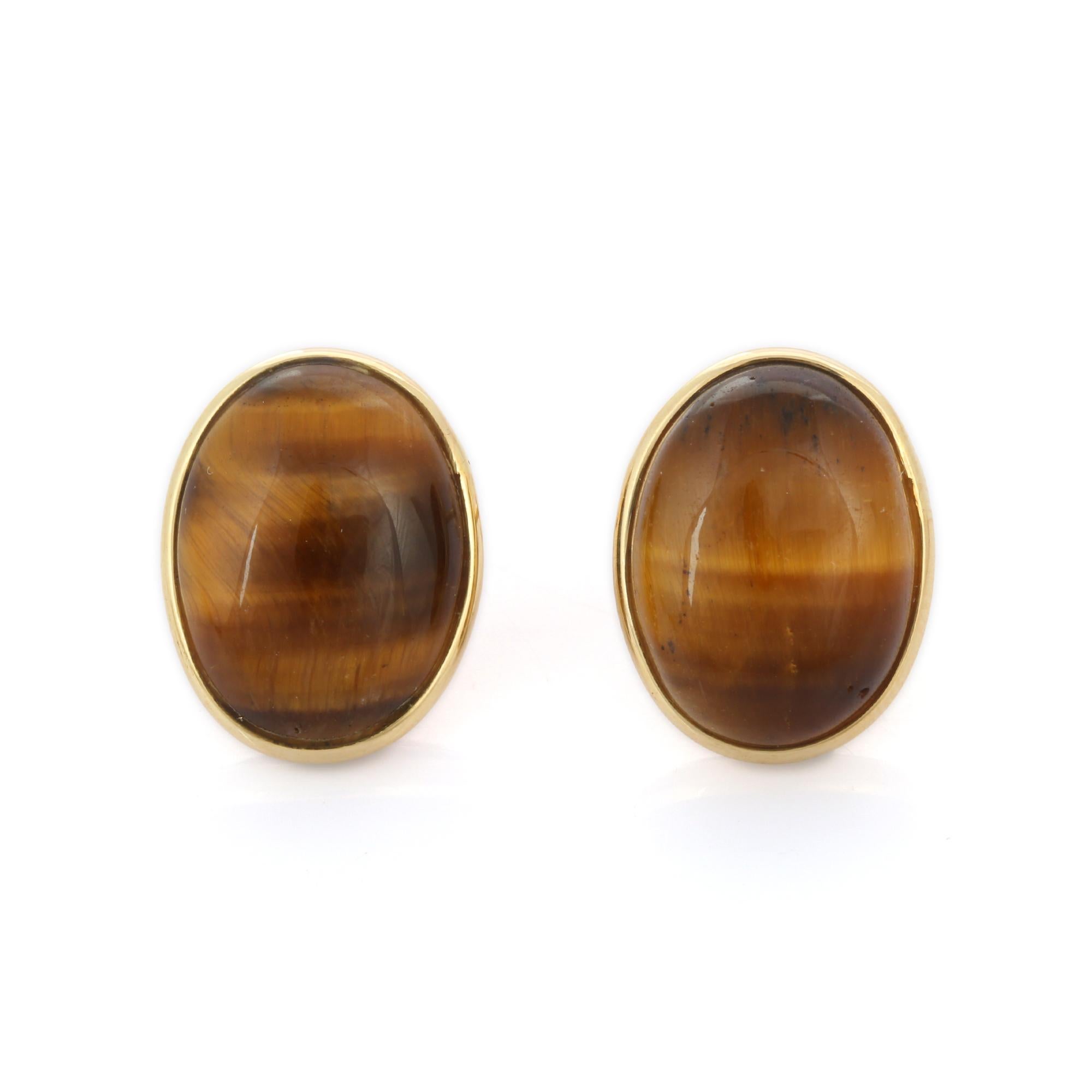 18k Yellow Gold Statement 20.5 Ct Cabochon Cut Tiger's Eye Dome Stud Earrings In New Condition For Sale In Houston, TX